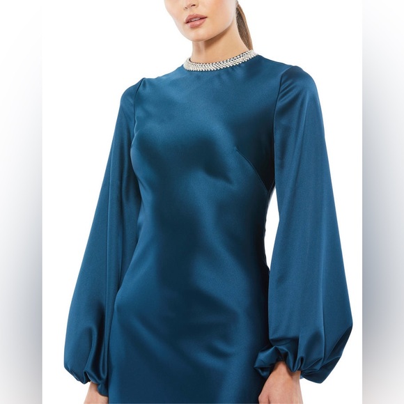 Mac Duggal Beaded High Neck Bishop Sleeve Satin Gown 26575 - Picture 3 of 11